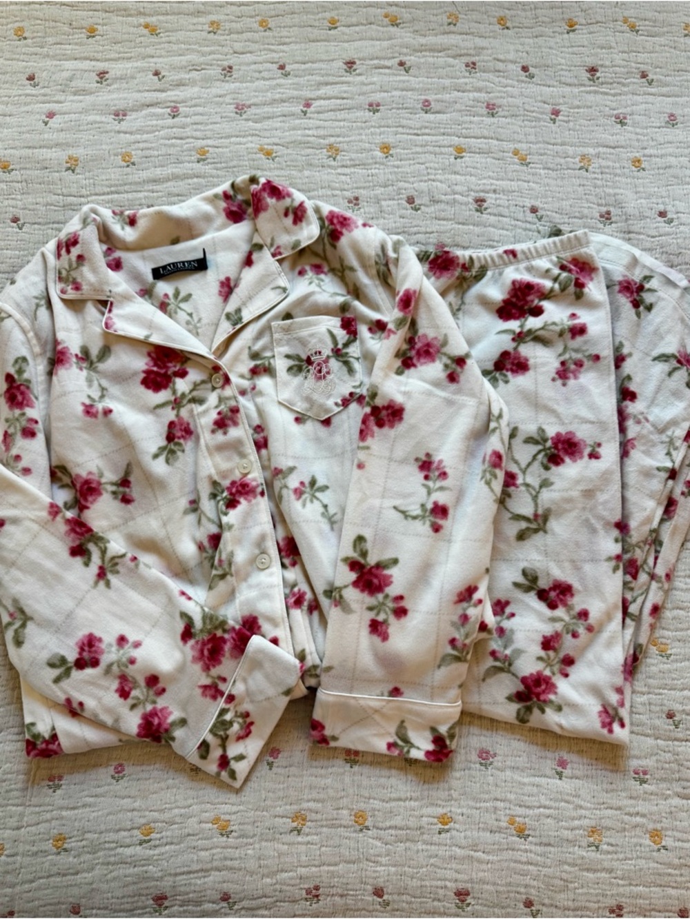 Ralph Lauren Ivory Fleece Rose Pajama Set